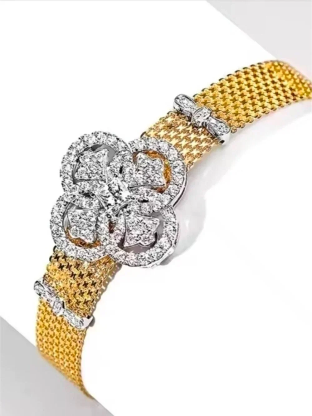 Gold Mesh Bracelet with Crystal Floral Emblem